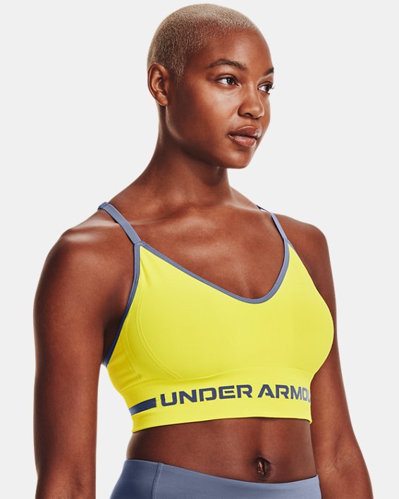 Damen UA Seamless Low Long Sport-BH, Yellow, pdpMainDesktop image number 2